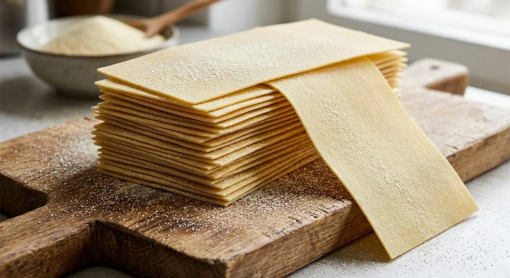 Gestapelte frische Lasagneplatten neben einer ausgewalzten Teigbahn