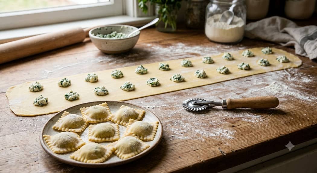 Ausgerollte Teigbahn mit Reihen aus Füllung, daneben ein Teller mit fertigen Ravioli