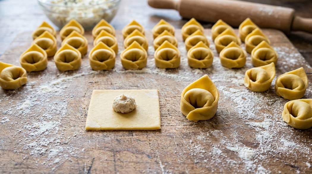 Gefaltete Tortellini in Reihen, daneben ausgestochene Teigkreise